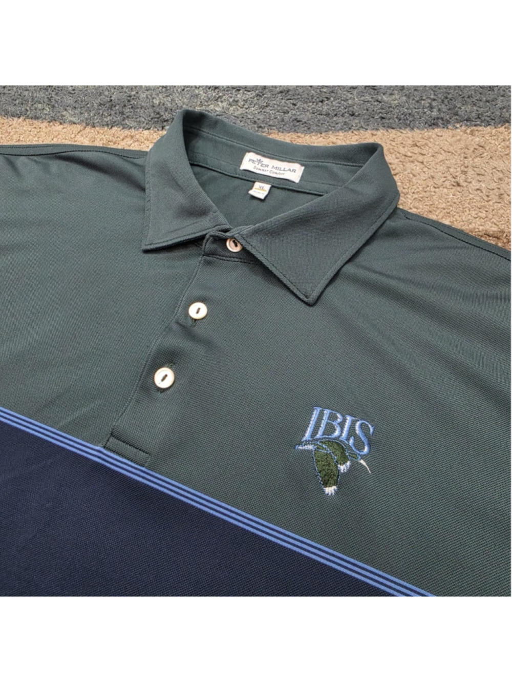 Peter Millar Summer Comfort Polo XL Green Blue Striped IBIS Logo Golf
